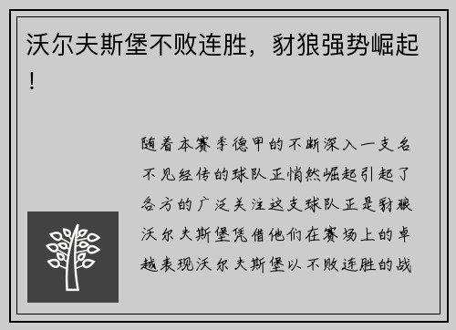 沃尔夫斯堡不败连胜，豺狼强势崛起！